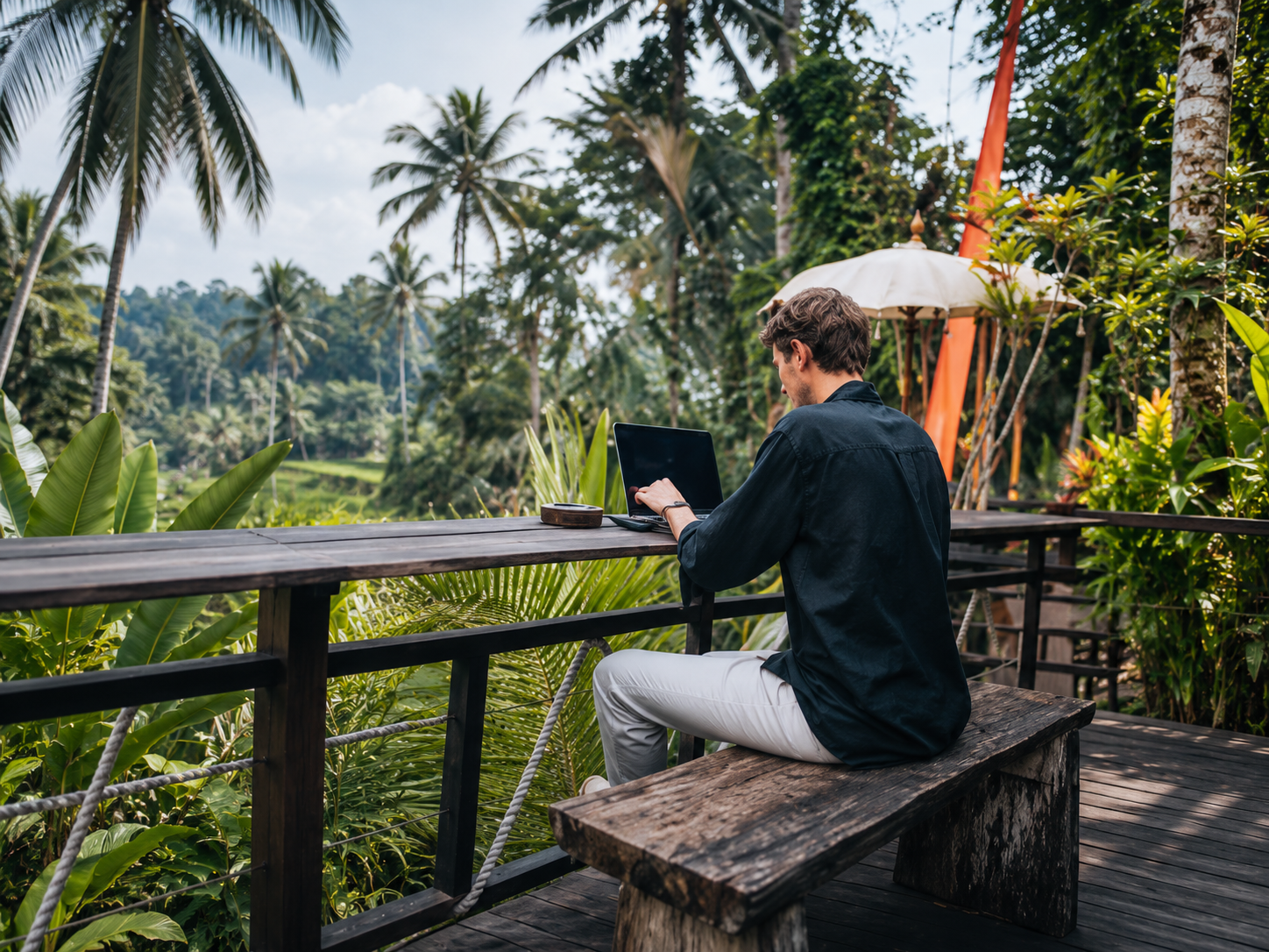 Working remotely on a tropical terrace in Lombok