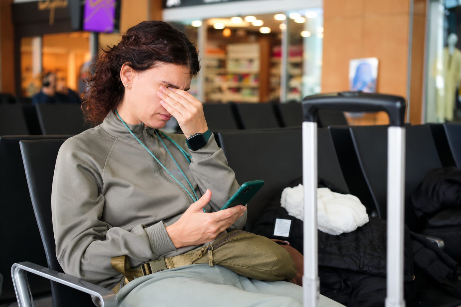 Before: traveler stressed at the airport without Lombok Local